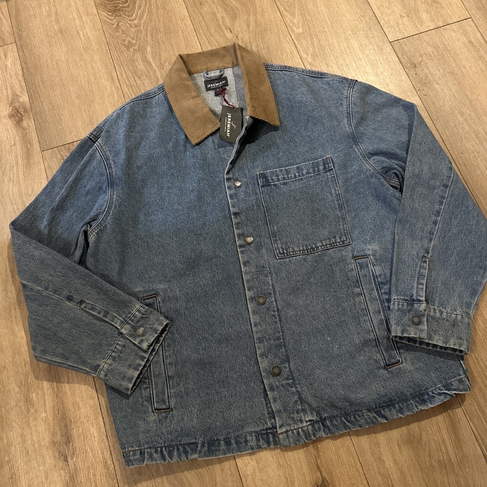 Jeremiah Men's Denim Jacket Blue Trucker Corduroy Collar Snap Up Pockets Large